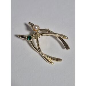 Vintage Double Wishbone Lucky Gold-tone Brooch w Faux Pearl & Green Rhinestone